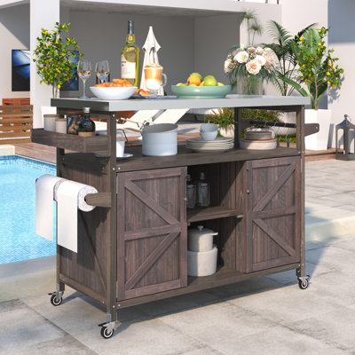 Outdoor Kitchen Island, Rolling Bar Cart & Storage Cabinet, Farmhouse Solid Wood Outdoor Grill Table With Stainless Steel Top, Spice Rack