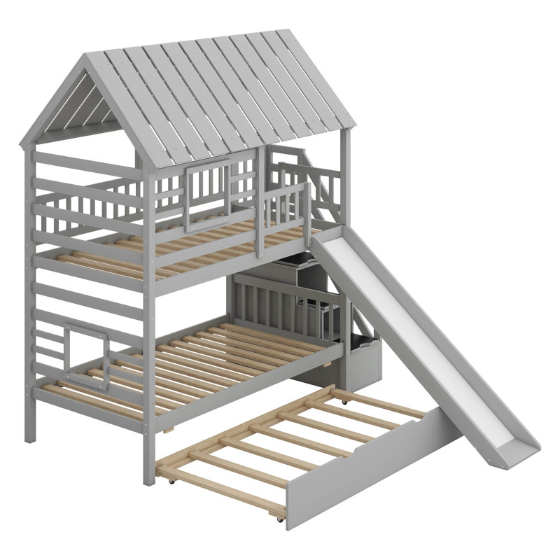 Structure de lit superposé House avec lit gigogne, toboggan et escalier de rangement, lit superposé simple au-dessus d'un lit simple avec toit et fenêtre