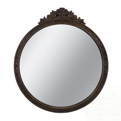 Round Antique Wall Mirror with Hand-Carved Floral Design for Entryway, Living Room, or Bathroom Vanity