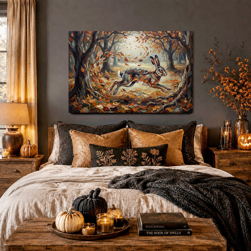 «Run Hare In Autumn Forest With Falling Leaves», art mural sur toile, H 28 po x l 40 po