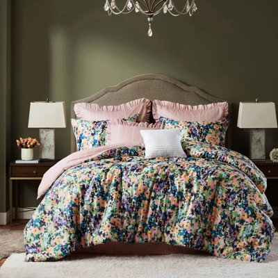 Édredon 8 pièces pour grand lit, taies décoratives à volants, confort naturel toutes saisons et 8 pièces au design réversible, motif floral numérique vif, rembourrage doux et coussins décoratifs