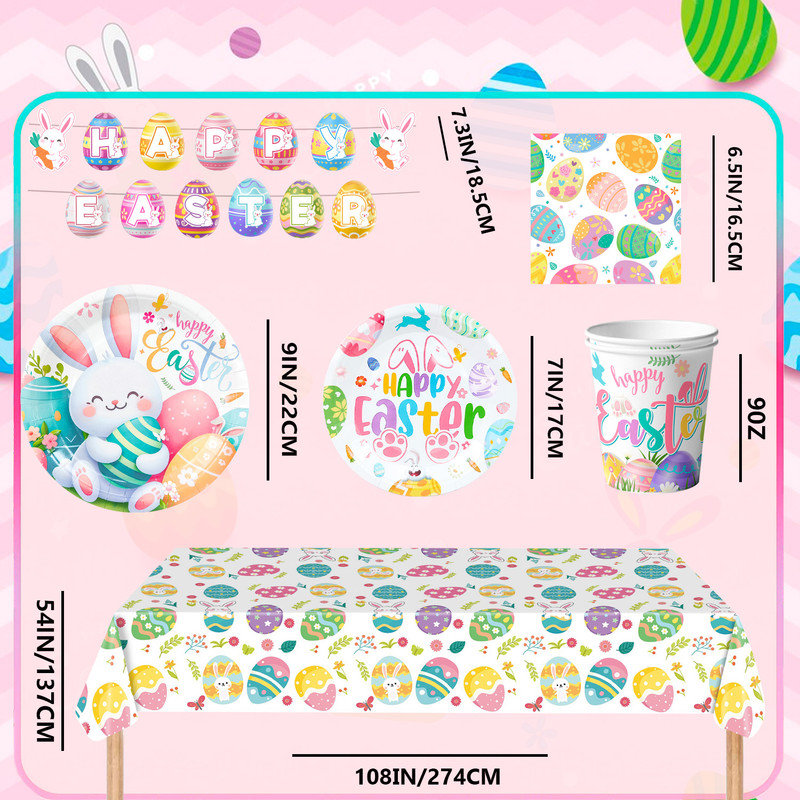 Easter Party Supplies Tableware, Serves 20 Easter Tableware Set Includes Easter Plates and Napkins Tablecloth