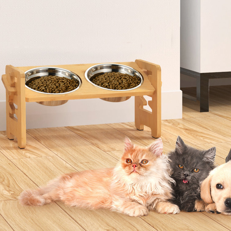 Onewell Pet Bowls for Cats and Small Dogs, Bamboo Elevated Food and Water  Bowls Stand Feeder with 2 Stainless Steel Bowls