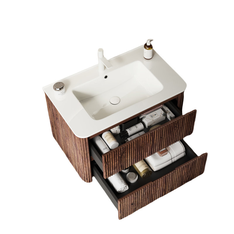 Armoire de salle de bain moderne avec lavabo, meuble-lavabo en contreplaqué, 2 tiroirs, lavabo et vasque en céramique blanche, pré-assemblé, meuble-lavabo rétro en noyer - meuble-lavabo de 30 po