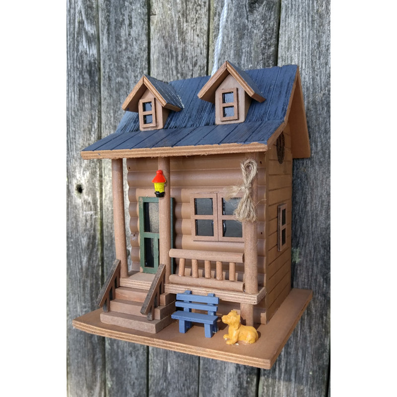 Rustic Brown and Blue Log Cabin Bird House
