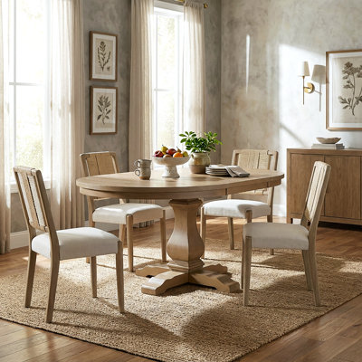 Elara  5-Piece Rustic Rubberwood Extendable Dining Set With Woven Rope Back Chairs