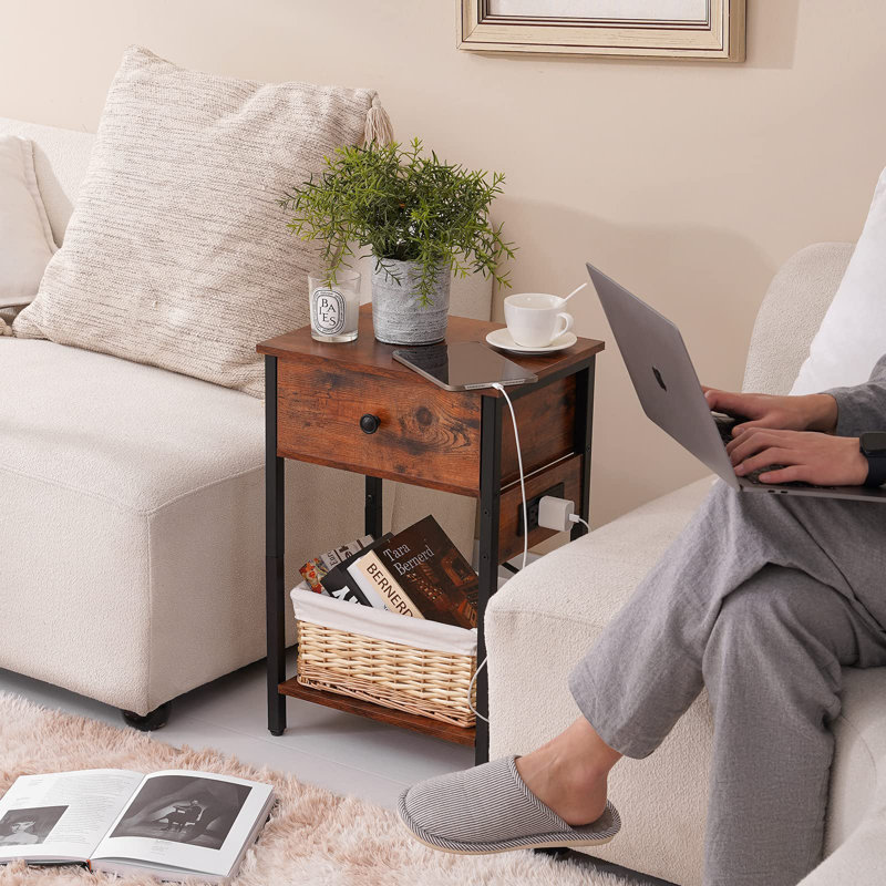 Nightstand With Charging Station, Side Table End Table With Large Drawer And Storage Shelf,(Brown)