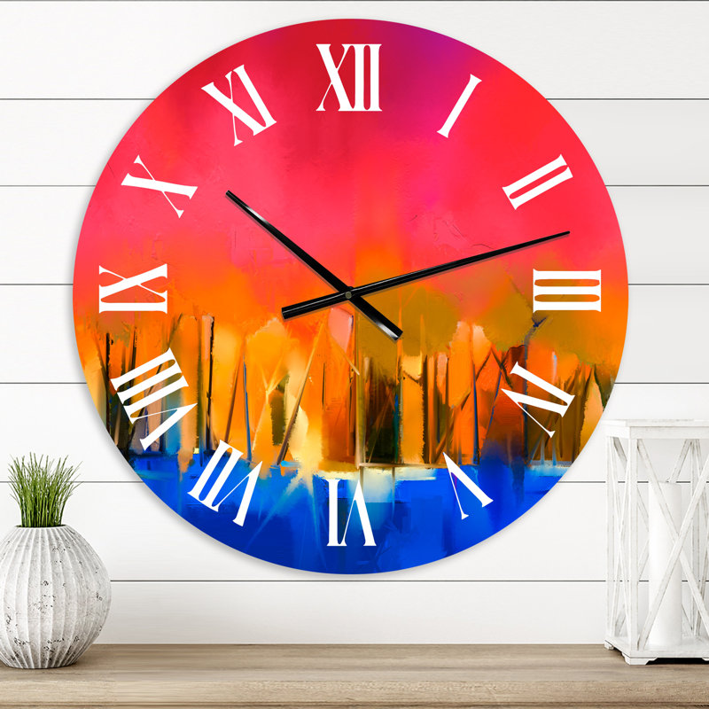 Paysage avec coucher de soleil rouge, impression d'automne - horloge murale moderne, Petit