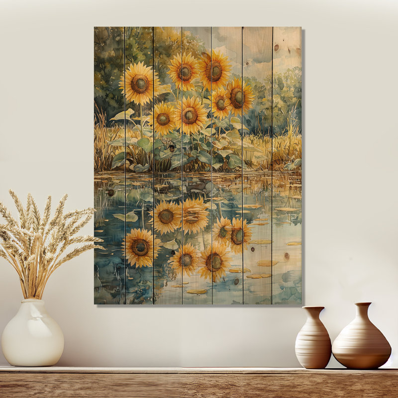 Tournesols en réflexion III - Impression sur bois de tournesols - sur bois de pin naturel, H 40 po x l 30 po x P 0,78 po