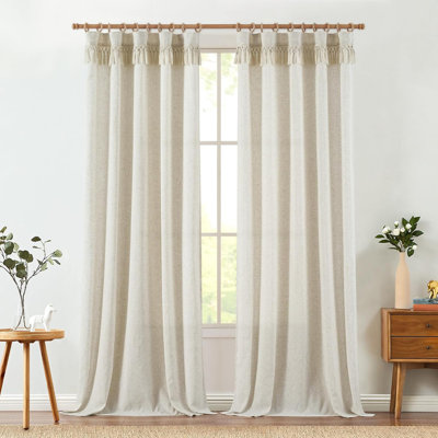 Linen Curtains with Tassels, Curtains for Living Room 84 Inches Long, Boho Curtains, Rod Pocket Back Tab Flax Farmhouse Curtains for Bedroom Light Filtering Window Curtain Set 2 Panels