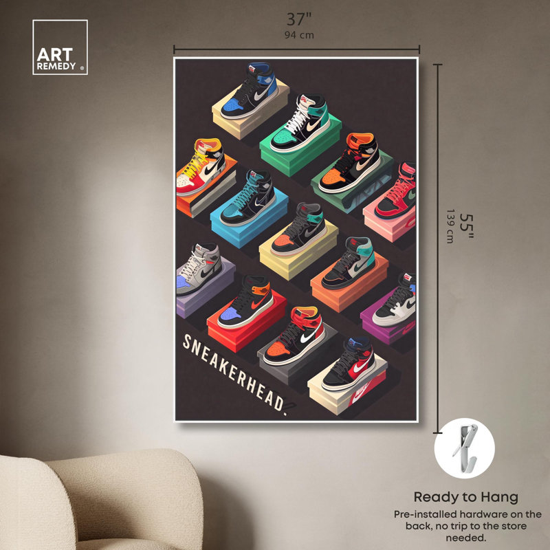 Posters Sneakerhead par Sneaker Collection par Art Remedy, H 55 po x l 37 po, Cadre flottant blanc