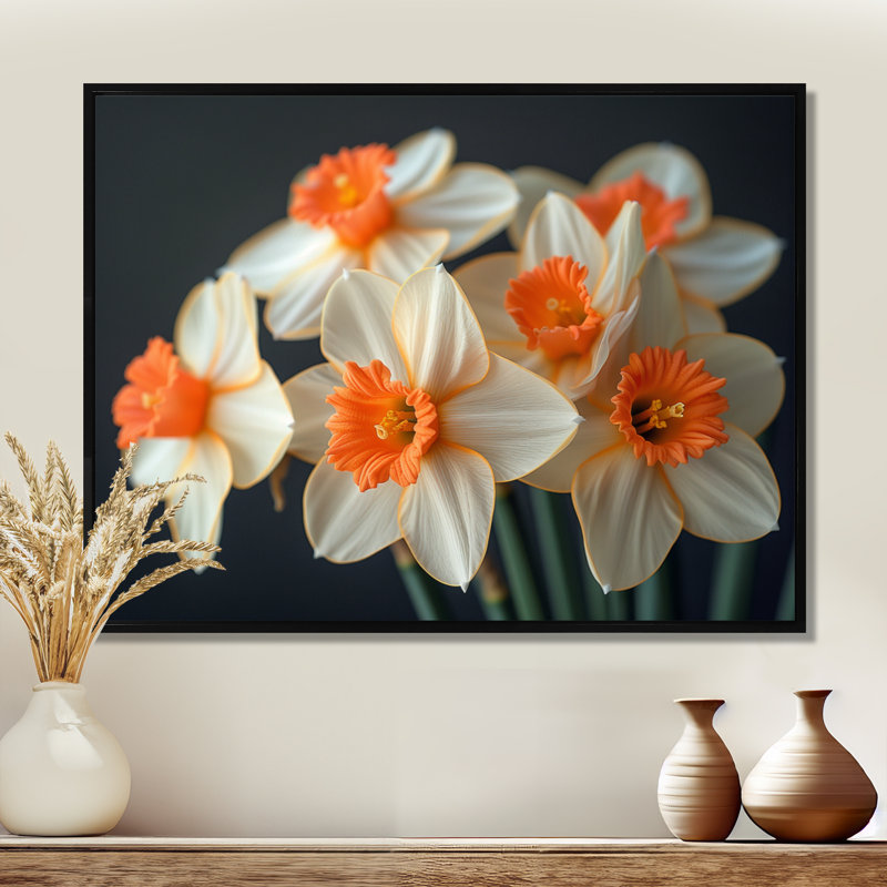 Yellow Orange Sunflower Smile Daffodils - Daffodils Wall Art Living Room, 24" H x 32" W, Black Floater Framed
