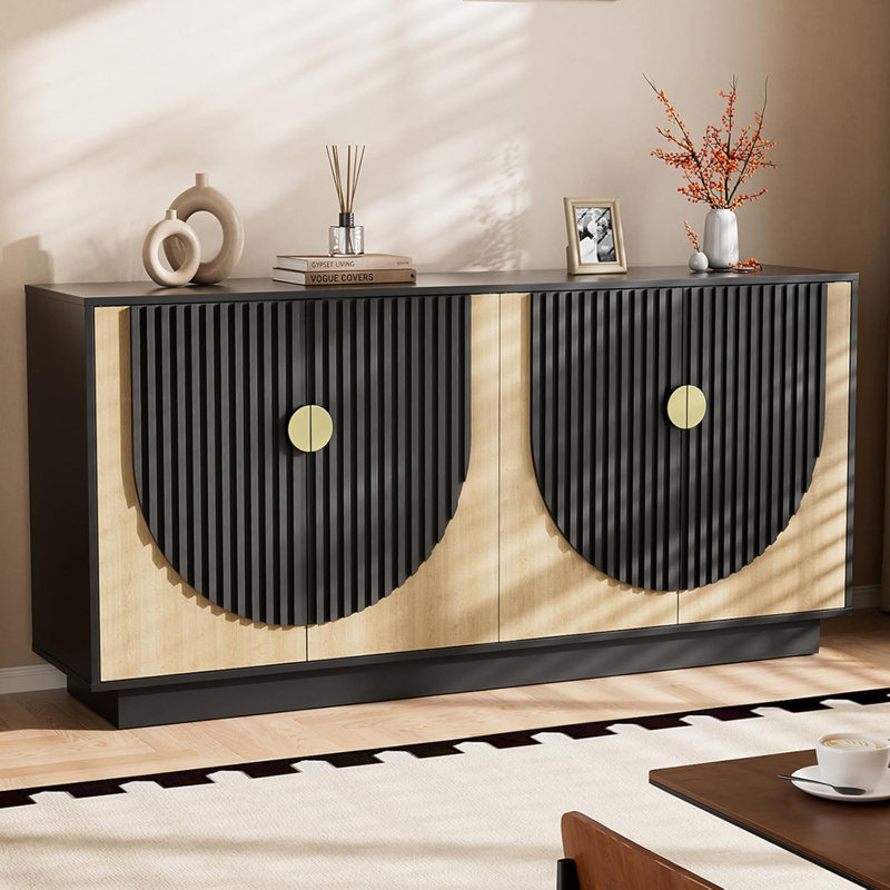 Buffet modulaire encastré de 63 po avec rangement, console de style Mid-Century moderne avec portes arquées symétriques