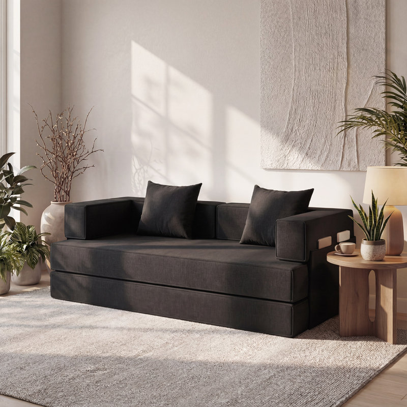83“ Foldable Sleeper Sofa Bed – Convertible Mattress Couch With 2 Removable Pillows, Black
