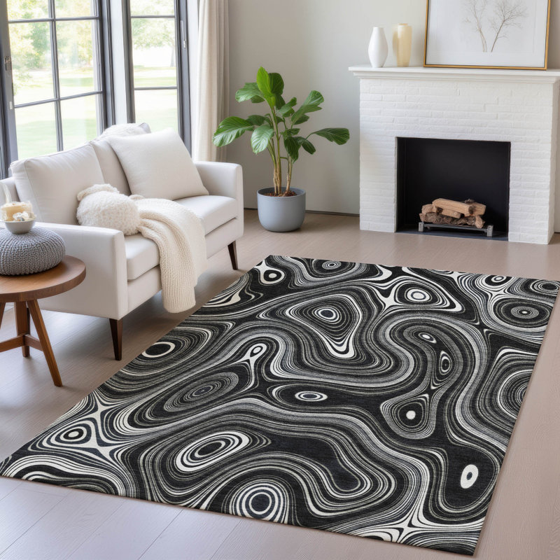 Tapis noir intérieur / extérieur lavable à la machine Xhevrie, Rectangle 10 pi x 14 pi