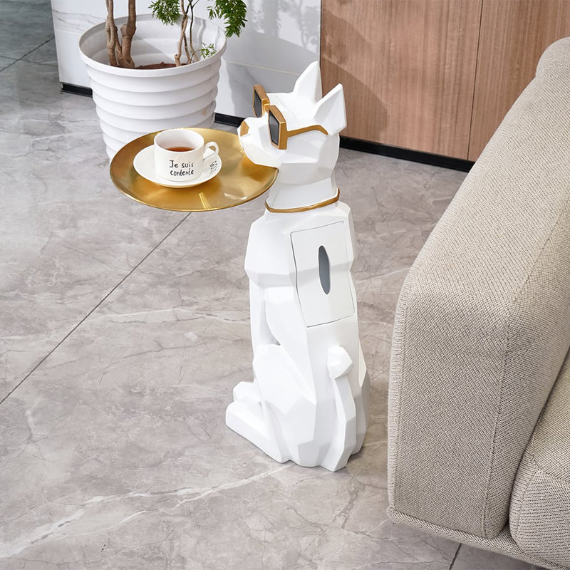 Modern Resin Dog Sculpture Cute End Table Side Table with Metal Storage Tray Tissue Box, White