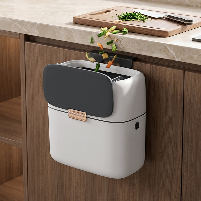 7L Hanging Rubbish Bin with Lid, White：gold