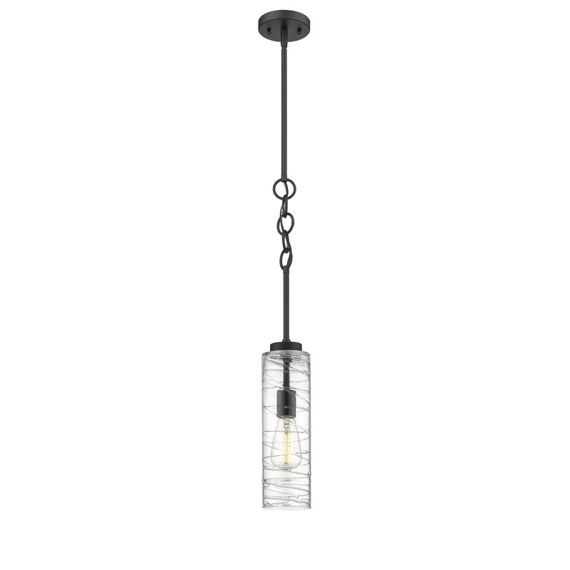 Luminaire suspendu cylindrique à 1 lumière Allisia, Noir mat, Tourbillon déco transparent