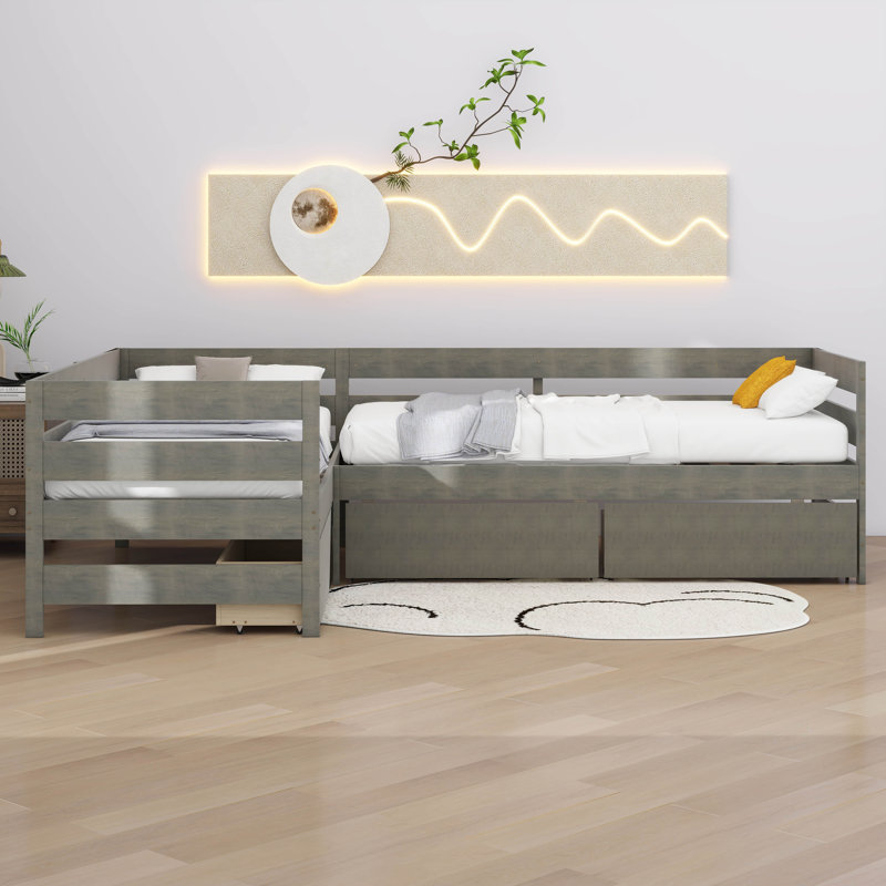 Structure de lit simple en forme de L avec tiroirs et 2 lits peu encombrants de conception unique, Gris