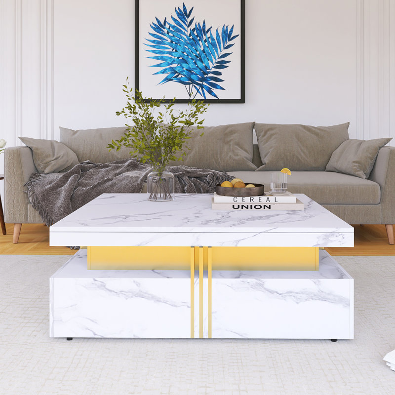 Table basse moderne carrée avec rangement et 4 tiroirs, Blanc