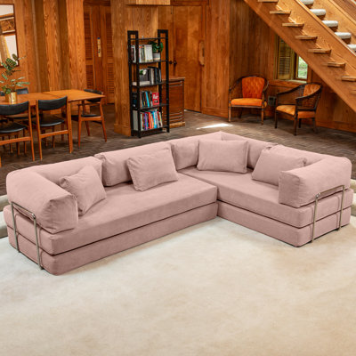  Unsofa Modular Convertible L-Shaped Sectional Sofa With Foldable Memory Foam King Sleeper Bed – Space Saving Configurable Couch With European Performance Corduroy, Peony Pink