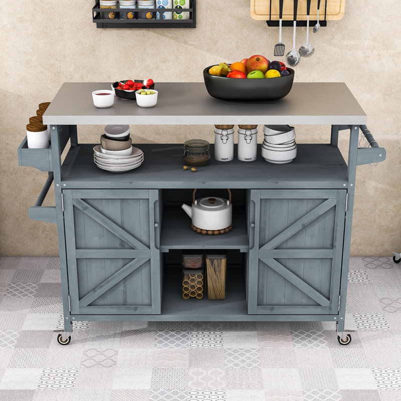Îlot de cuisine avec armoire de rangement, table de barbecue avec plateau en acier inoxydable et support à épices Miho