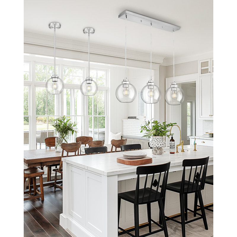 3-light Linear Chandelier With Globe Glass Shade, Brushed Nickel