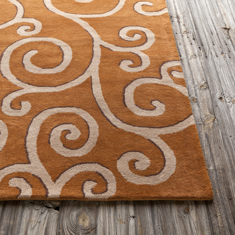 Tapis en laine à motif de volutes abstraites à motif abstrait touffeté à la main brun, beige, orange et crème Ailey