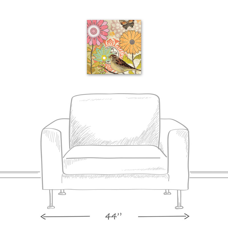 Médaillons de fleurs avec oiseaux sur toile, H 12 po x l 12 po x P 1,25 po