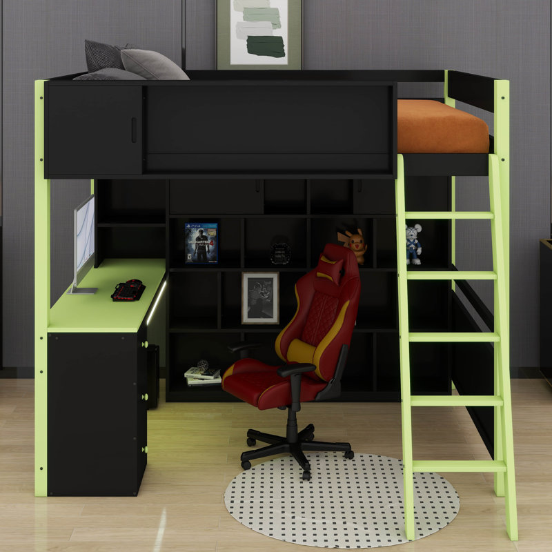 Designs Full Size Gaming Loft Bed With Built-In Desk & LED Lights, Wooden Loft Bed With Wardrobe & Drawer, Black/Green
