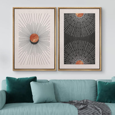 Sun And Moon " Sun And Moon Astronomy Space Shining Sun Eclipse Duo Abstract Nature Illustrations Modern Landscape Neon " 2 - Pieces