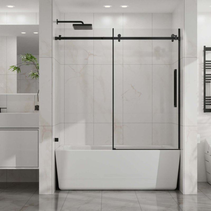 Porte de baignoire, porte de douche coulissante sans cadre, verre trempé transparent de 1/4 po (6 mm) d'épaisseur avec revêtement facile à nettoyer, quincaillerie en acier inoxydable