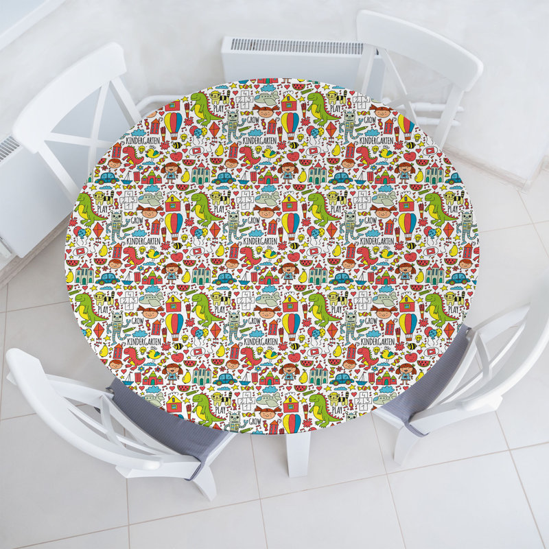 Cartoon Fitted Round Tablecloth White Multicolor, 64.17" Round
