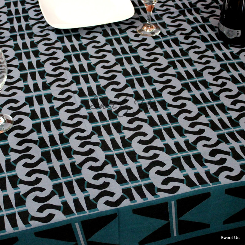 Handmade Cotton Geometric Tablecloth Rectangle, Blue