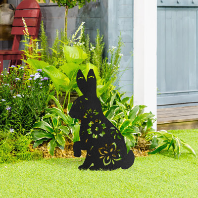 Floral Bunny Metal Garden Stake Decorative, Floral Cutout Design Silhouette Statues for Yard Art, Outside, Patio, Outdoor Decor, Garden Decorations, Lawn Ornaments