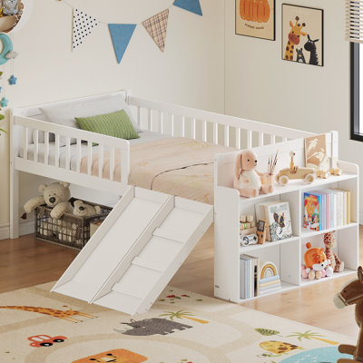 Structure de lit simple avec tablette de rangement, structure de lit en bois avec glissière et échelle, lit plateforme simple avec garde-corps, aucun sommier requis, assemblage facile, blanc