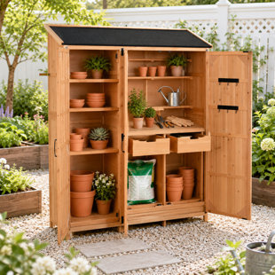 Garden Storage Cabinet with Built-In Potting Work Surface and Multi-Shelf Interior