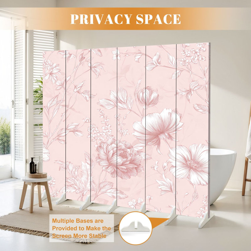Paravent 6 panneaux à cloison pliable Royal délicat à motif floral rose doux, 6, H 71 po x l 96 po x P 1 po