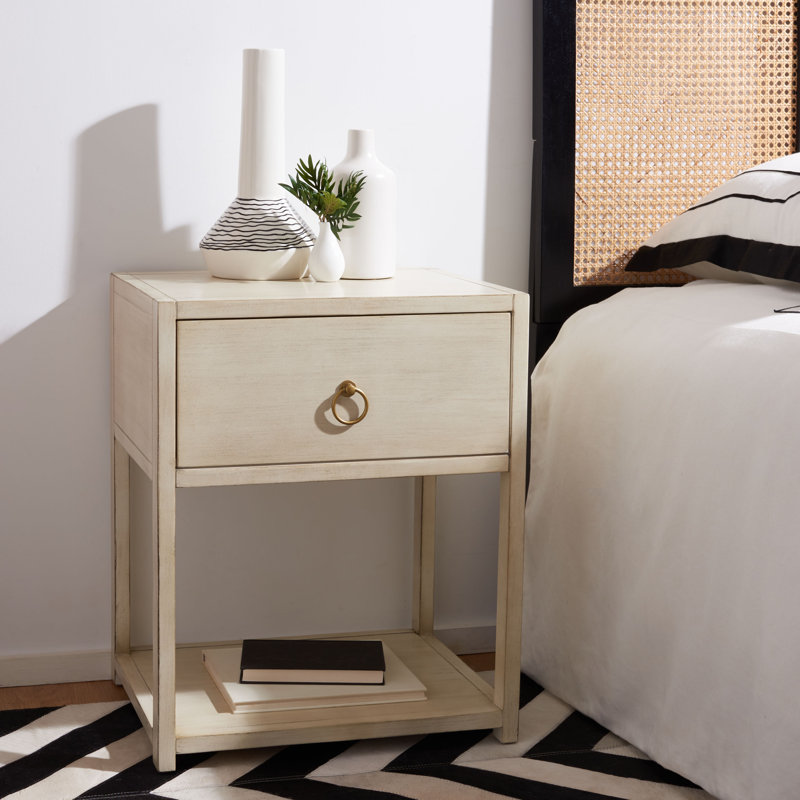 Antique White Acacia Wood Nightstand with Gold Accents