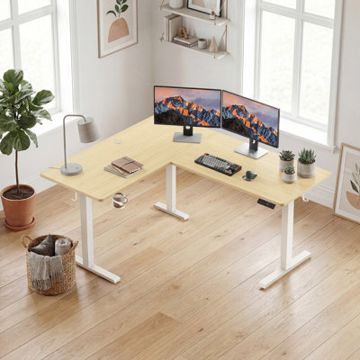 75" Reversible L Shaped Standing Desk, Height Adjustable with Cup Holder, Electric Corner Computer Workstation, Sit Stand up Home Office, Ergonomic Gaming, Oak
