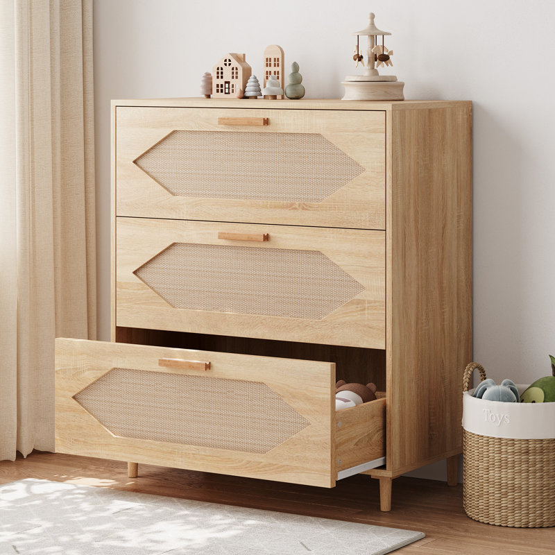 Commode 3 tiroirs en rotin, armoire de rangement moderne en bois avec tiroirs tissés, naturel