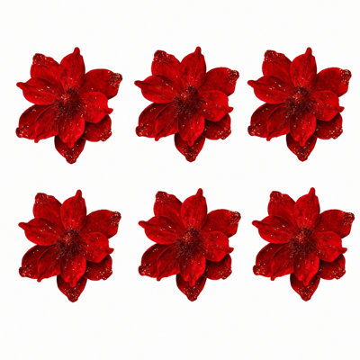 Lot de 6 pics à poinsettias artificiels pailletés, tiges de fleurs de poinsettia de Noël en velours avec paillettes dorées en forme d'étoile, pics floraux artificiels pour décoration de sapin de Noël, couronne et guirlande, vase non inclus