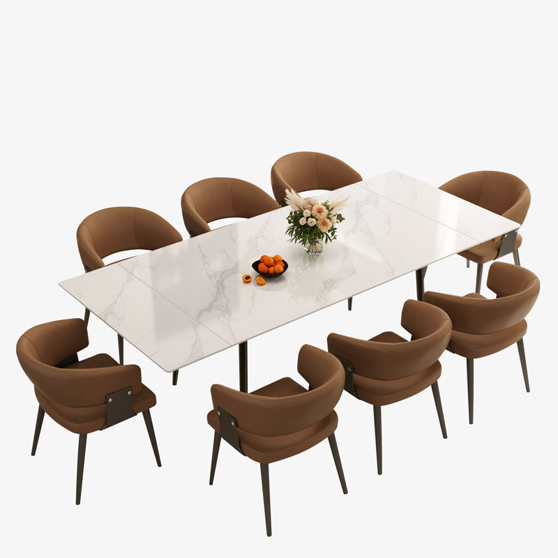 Expandable White Sintered Stone Dining Table And Chair Set, 9 Pieces: Table, 8 Chairs, Brown