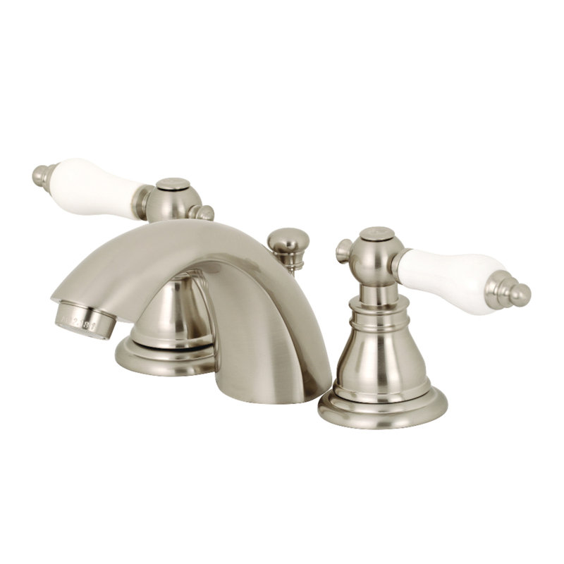 Kingston Brass American Patriot Two-Handle 3-Hole Deck Mount Mini-Widespread Bathroom Faucet with Plastic Pop-Up