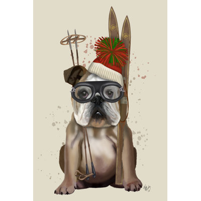 English Bulldog, Skiing by Fab Funky - Wrapped Canvas Print