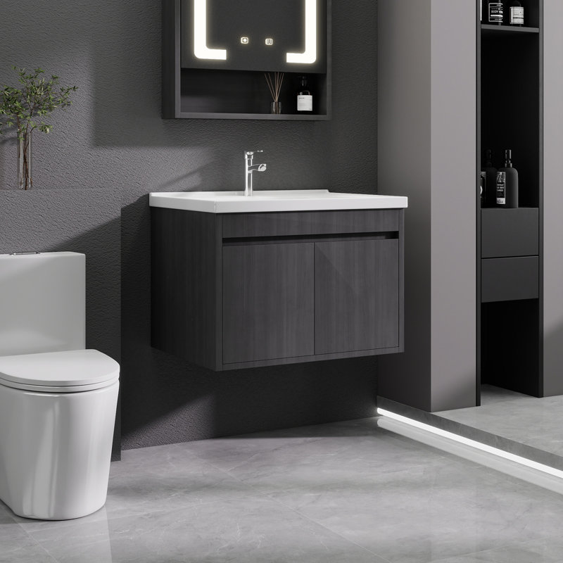 Meuble-lavabo moderne avec lavabo en céramique, chêne gris, conception peu encombrante