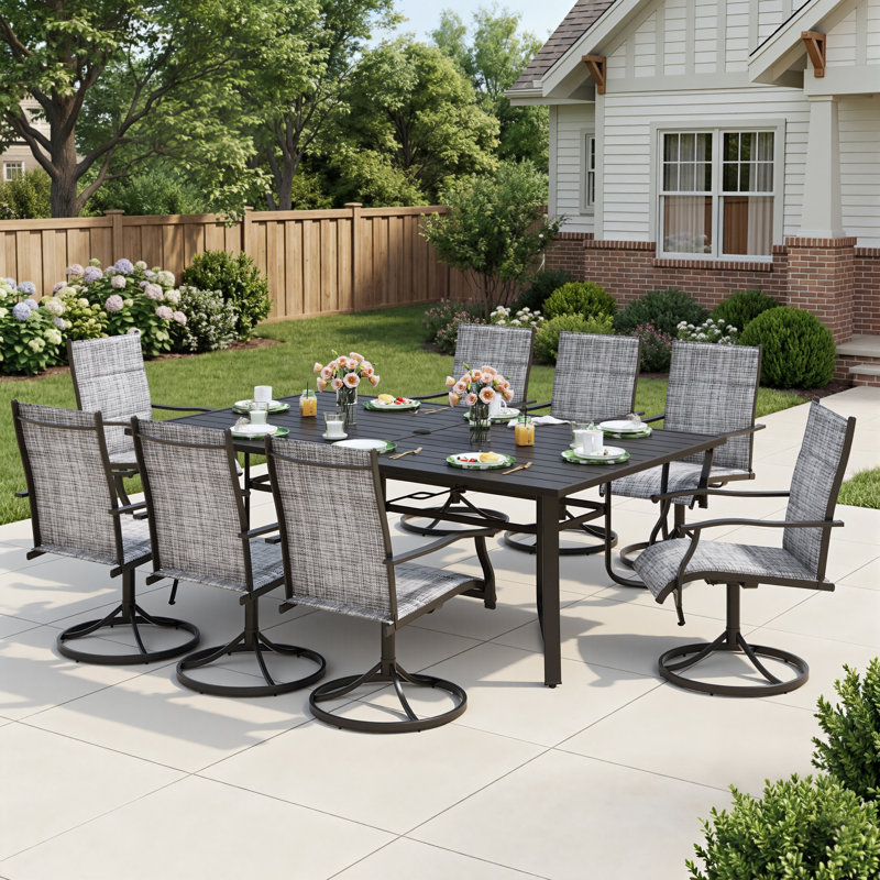 Ensemble repas 9 pièces pour terrasse - Comprend 8 chaises berçantes pivotantes et une table en métal avec trou pour parasol - 8 places pour la cour, la piscine, le balcon et le jardin, gris