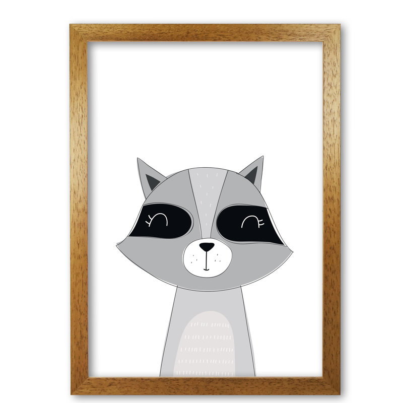 Scandi Raccoon - Painting, 30 cm H x 21 cm W x 5 cm D, Honey Oak Frame