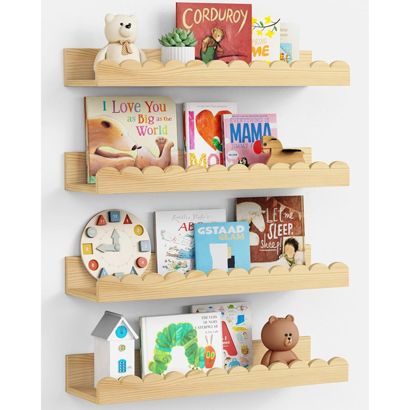 Nursery Floating Book Shelves Set Of 4, Scalloped Wooden Wall Shelves, Natural Wood, Natural Pine Wood