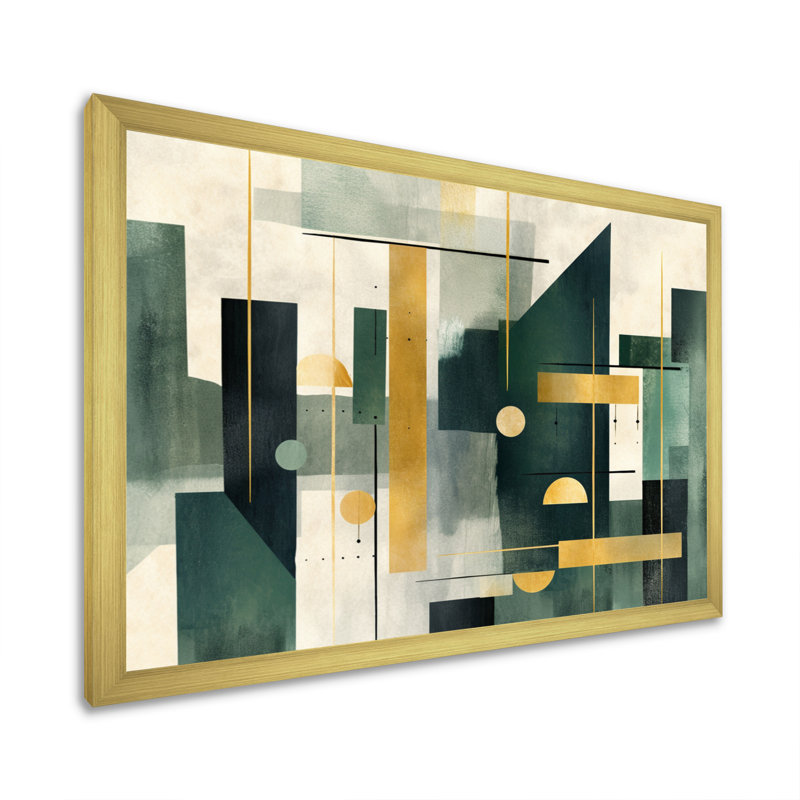 «Gold Green Parallel Universes - Abstract Shapes», art mural, Cadre doré simple, H 30 po x l 40 po x P 1,5 po